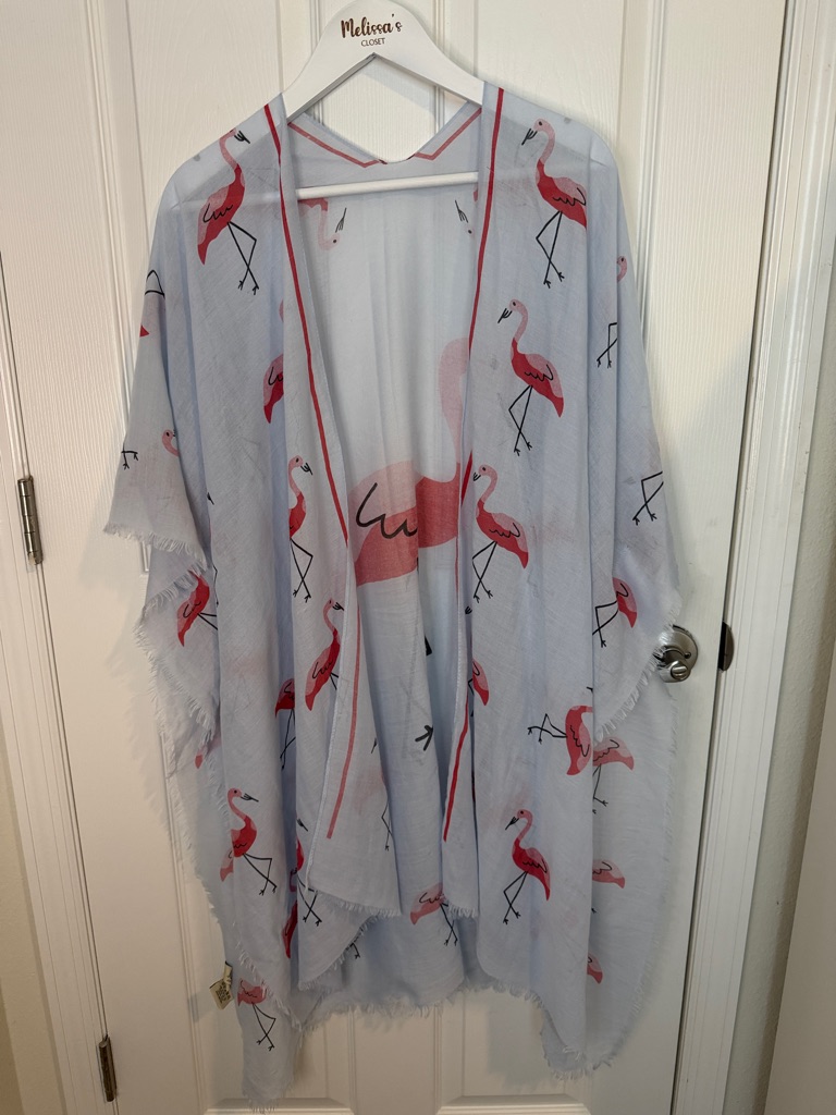 Light Blue Flamingo Print Kimono/Bathing Suit Cover Up 100% Cotton